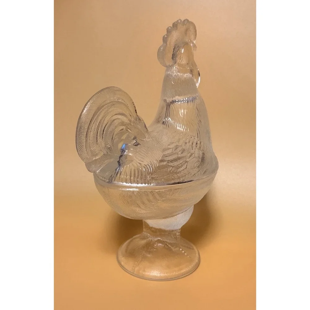 VTG LE Smith Clear Glass Standing Rooster Pedestal Covered Candy Dish Compote SG